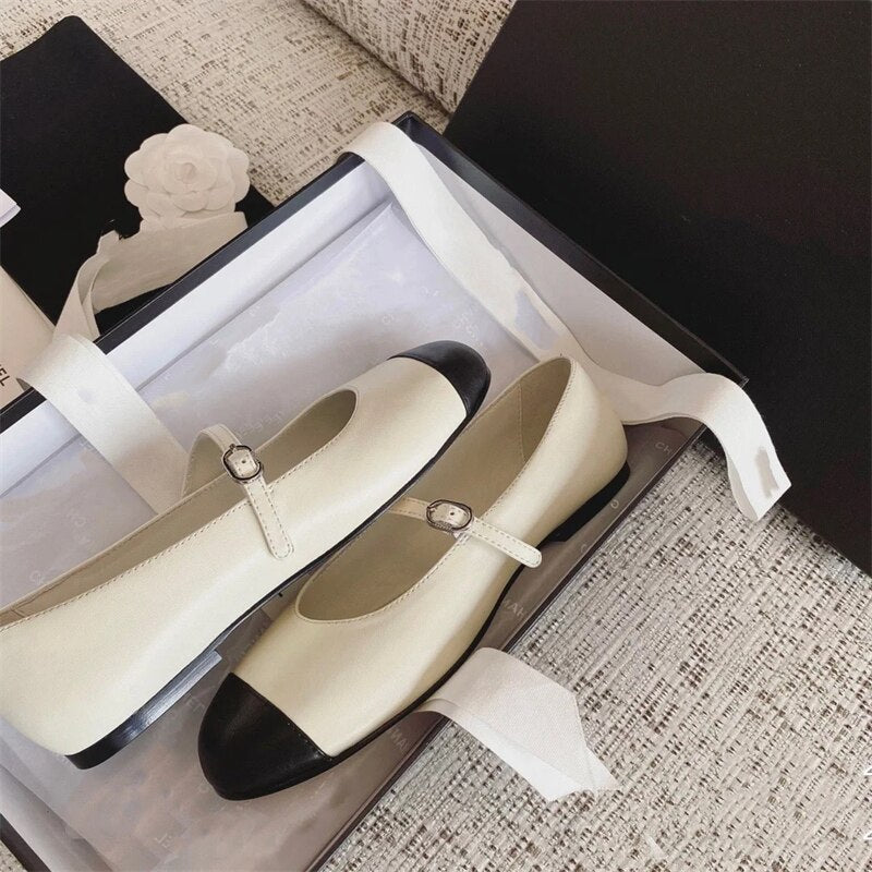 Advbridge Genuine Cow Leather Round Toe Summer Spring Vintage Shoes Mature Sweet Dating Buckle Strap Mary Janes Women Flats