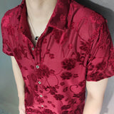 Advbridge New Shirt Trendy Transparent Black Floral Shirt Men Sexy Velvet Shirt Men Short Sleeve Clothing See Through Social Club