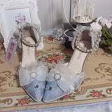 Advbridge Pearl Chain Sweet Lace Bowknot Elegant Princess  Pointed Sandals Lolita Shoes Silver Wedding Tea Party Cosplay Lolita Shoes