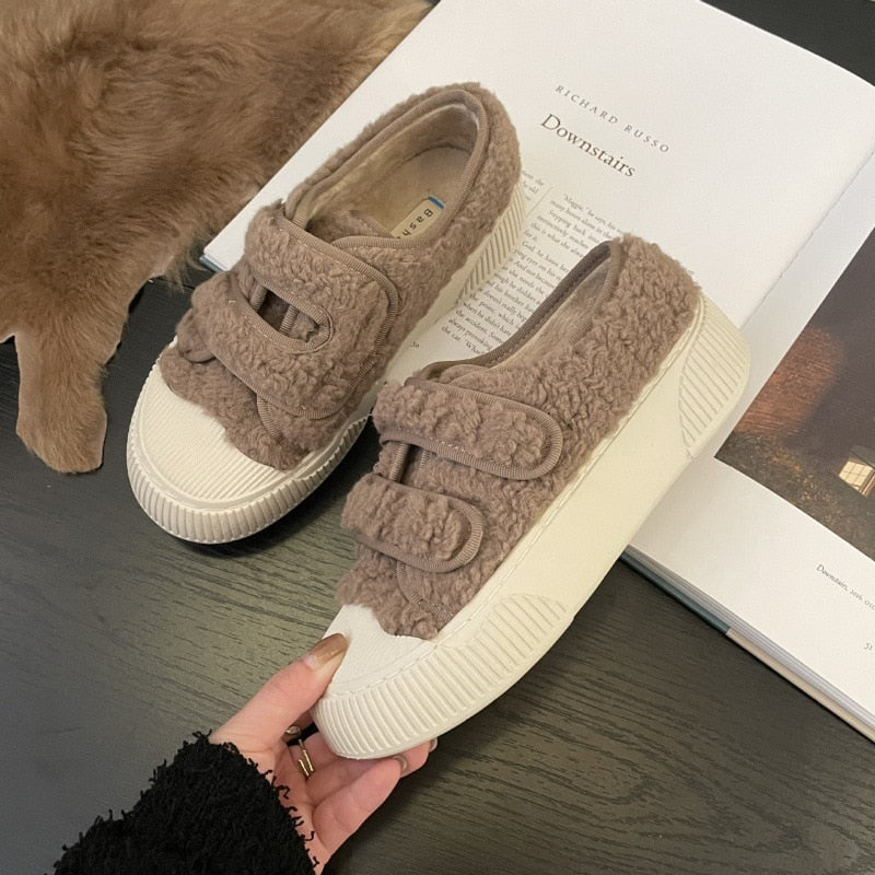 Advbridge Round Toe Warm Plush Women Shoes Fashion Cover Heel Wool Flats Soft Sole Slip-on Thick Bottom Zapatos Mujer