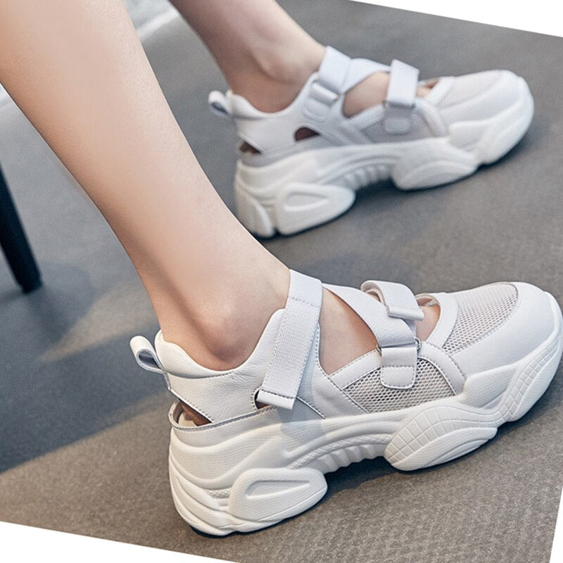 Advbridge 100% Genuine Leather Shoes Women Sneakers Thick Sole Summer Women Sandals Casual Woman Height Increasing White Shoes A3507