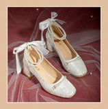 Advbridge French Vintage Mary Janes Shoes Women Beaded Buckle Sweet Elegant Sandals Ladies Bow Chic Casual Medium Heels Shoes Autumn