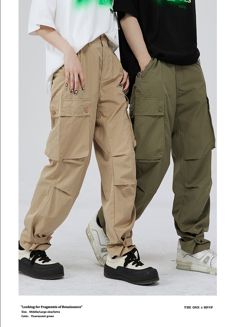 Advbridge Autumn All Season Casual Soft Solid Men's Cool Boys Waist Loose Versatile Overalls Pocket Cargo Pants Button  Unisex