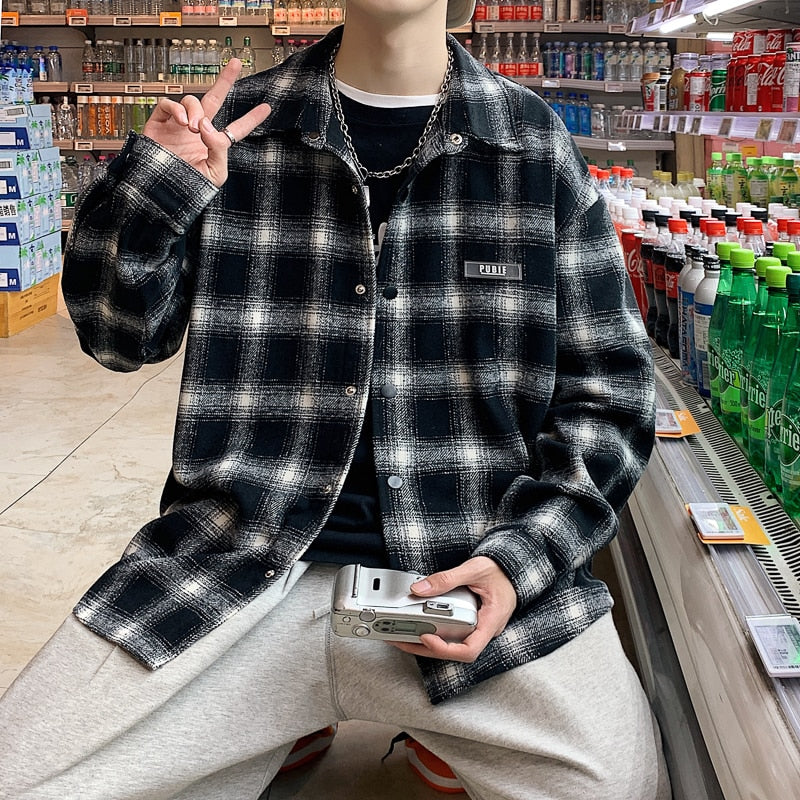 Advbridge New Men Casual Plaid Flannel Shirt Spring Autumn Long Sleeve Shirt Men Clothing Harajuku Black Shirt Korean Style Streetwear 3XL