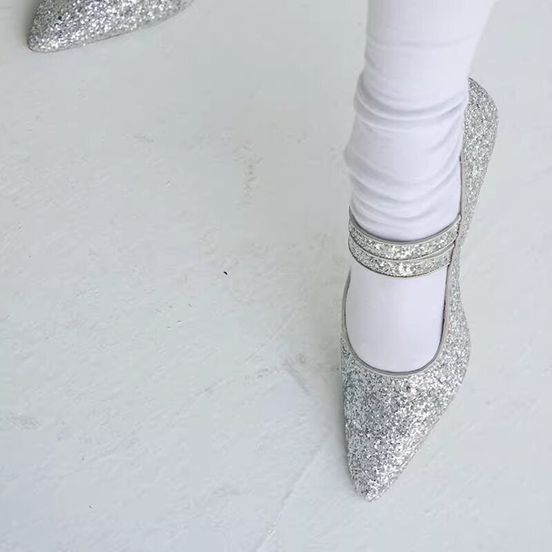 Advbridge Fashion Silver Sequin Mary Jane Shoes Low Heel Glitter Pointed Toe Heels European And American Party Shoes Handmade Women Pumps