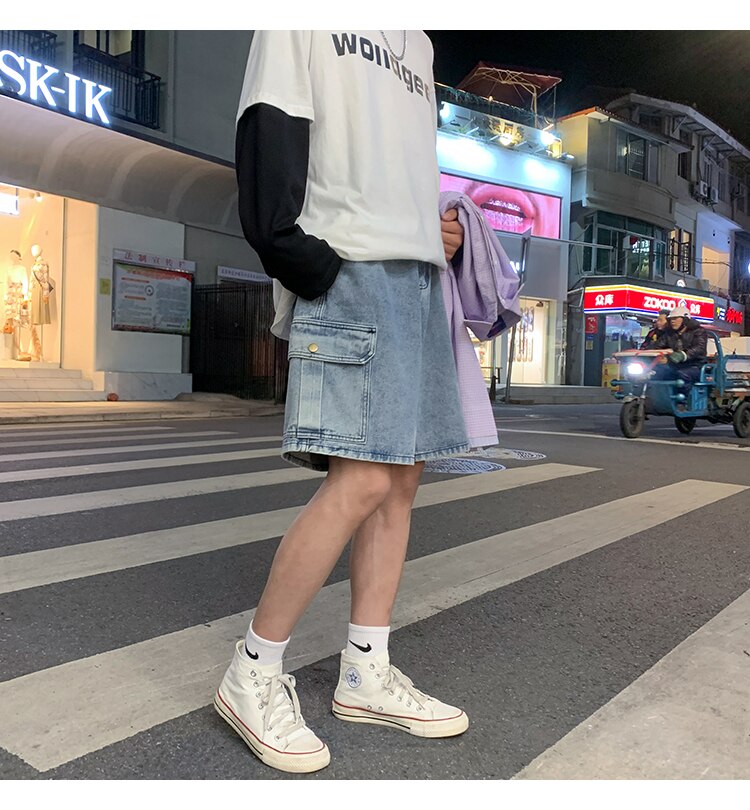 Advbridge Mens Patchwork Color Denim Shorts Streetwear Bermuda Male Multi-Pockets Casual Half Jean Summer Fashion Cargo Shorts Men