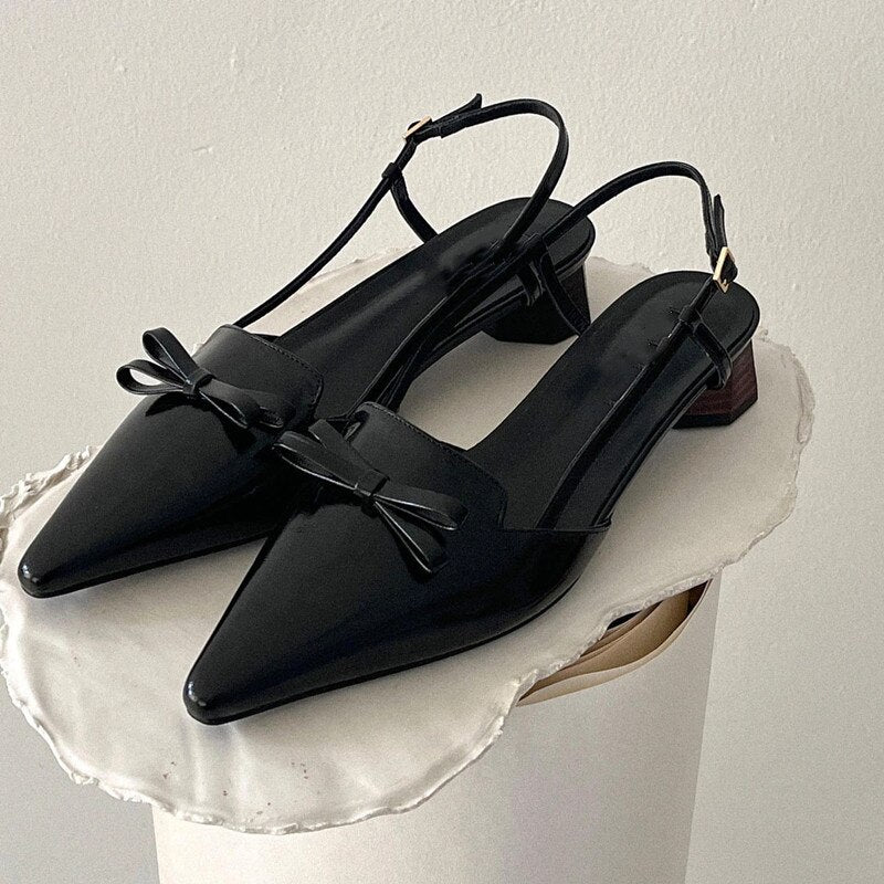 Advbridge New Black Thick Heel Pointed Bow Bow Toe Sandals Women's Leather All-match Medium Heel Pumps