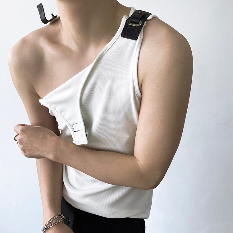 Advbridge Men's Leather Buckle Tank Tops Vest Tshirt Knitted Elastic Male Japan Korean Streetwear Fashion Slim Fit Tees Sleeveless T-shirt