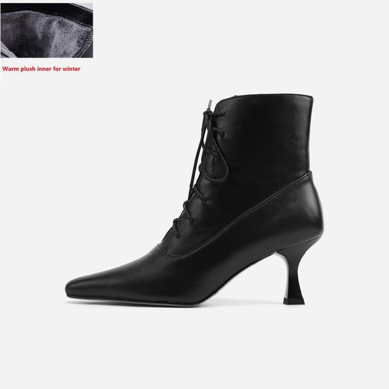 Advbridge Woman Ankle BootsThin Heel Shoes Lace-Up Winter Boots Korea Style Women Shoes On Heel 6.5 CM Cowhide Ladies Shoes Pointed Toe