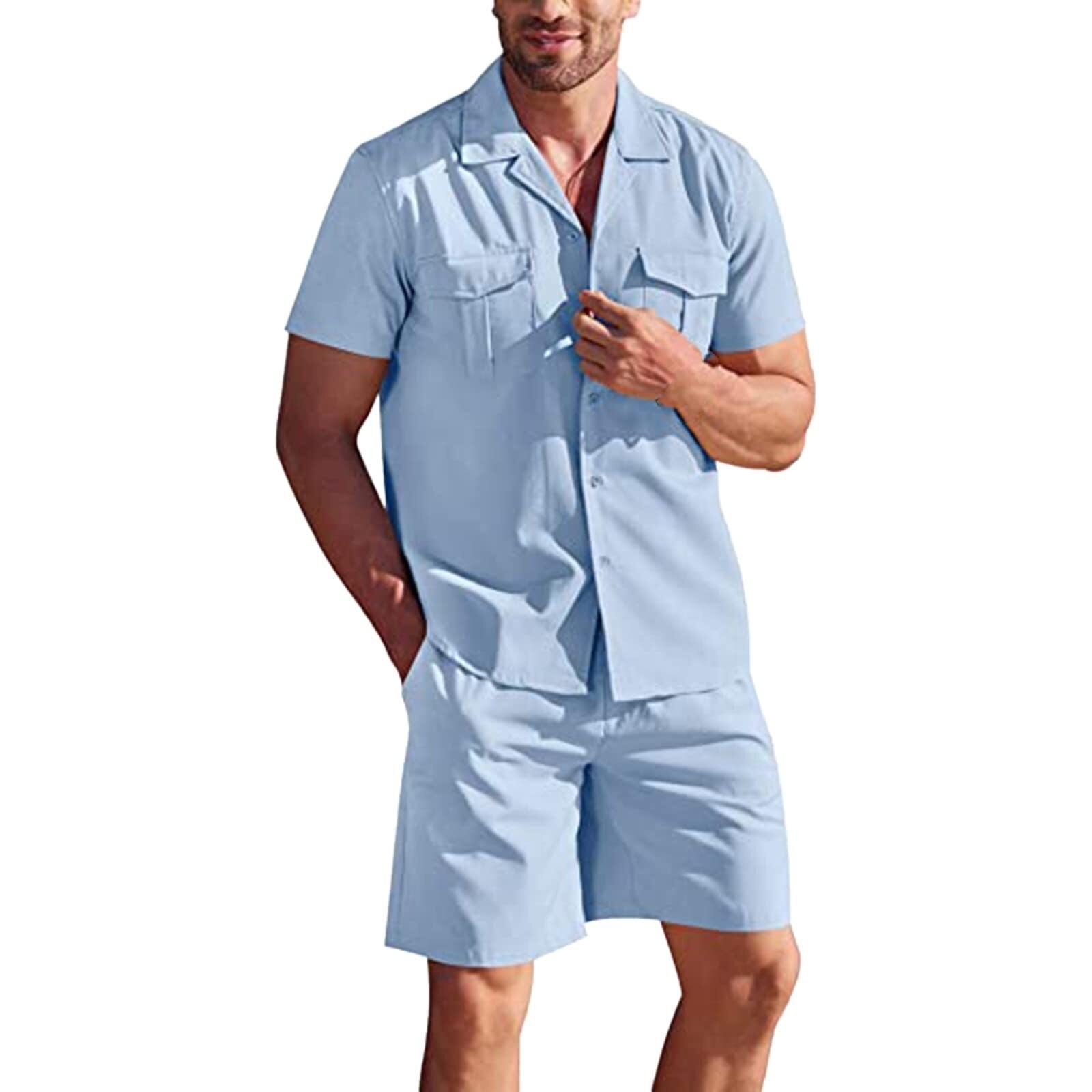 Advbridge Men's Loose Casual Cotton Linen Short Sleeve Shirt + Shorts