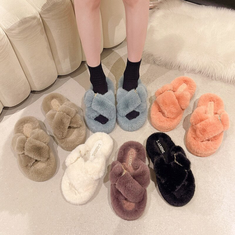 Advbridge Winter Women Fur Slippers Platform Indoor Non Slip Rubber Sole Slides Buckle Decoration Fashion Girl Shoes Ladies Flock Zapato