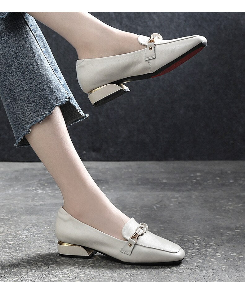 Advbridge Fashion New First Layer Cowhide Leather Single Shoes Autumn Mid-heel Comfortable and Elegant Leather Shoes Ladies Loafers