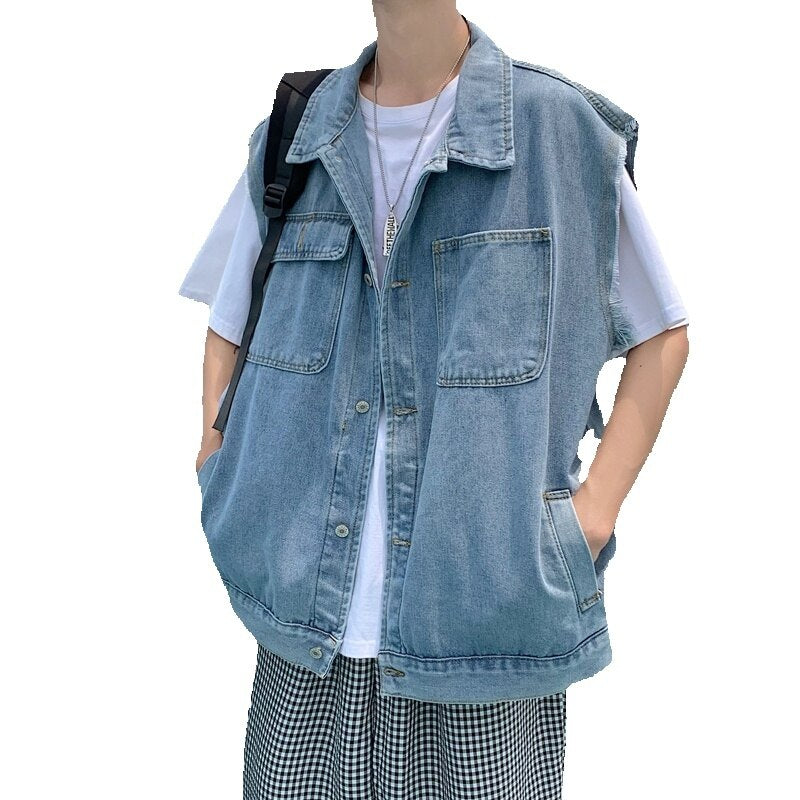 Advbridge Blue Denim Vest Men's Fashion Vintage Pocket Vest Men Japanese Streetwear Hip-hop Loose Sleeveless Jackets Mens Denim Jacket