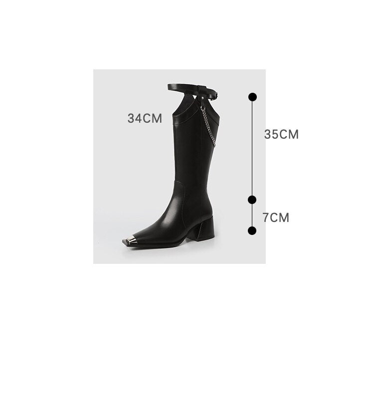 Advbridge Womens Mid Calf Street High Boots Thick Heel 7CM Square Toe Side Zipper Punk Style Shoes Cow Split Leather Chain Boots For Women
