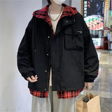 Advbridge Fake Two Piece Men's Jacket Coats Loose Plaid Print Hooded Tops Spring Fashion Jackets Men Tide Coat