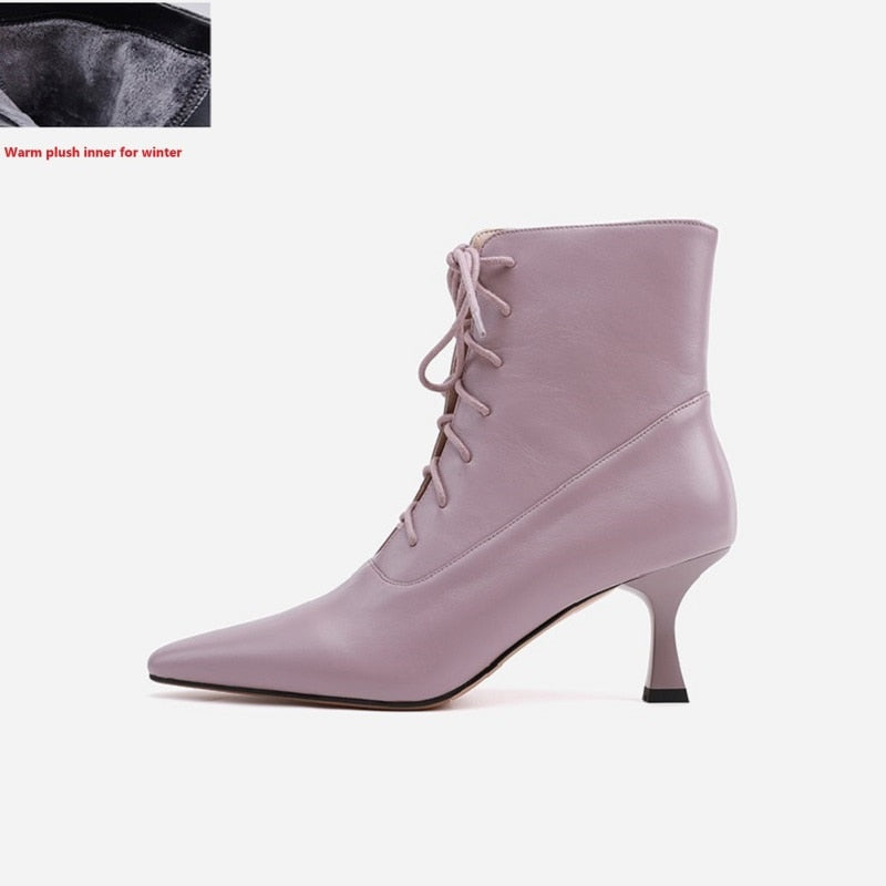 Advbridge Woman Ankle BootsThin Heel Shoes Lace-Up Winter Boots Korea Style Women Shoes On Heel 6.5 CM Cowhide Ladies Shoes Pointed Toe