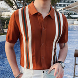 Advbridge Summer Man Ice Silk Short Sleeve  Polo Shirt Men British Slim Lapel Knitted Cardigan Casual Stripe Polo Shirt Polo Camisa Hombre