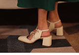 Advbridge Summer Sandals Cow Leather Mary Jane Shoes Women Cross Strap Pumps Thick Heel Pump Shoes On Heel Retro Walking Footwear